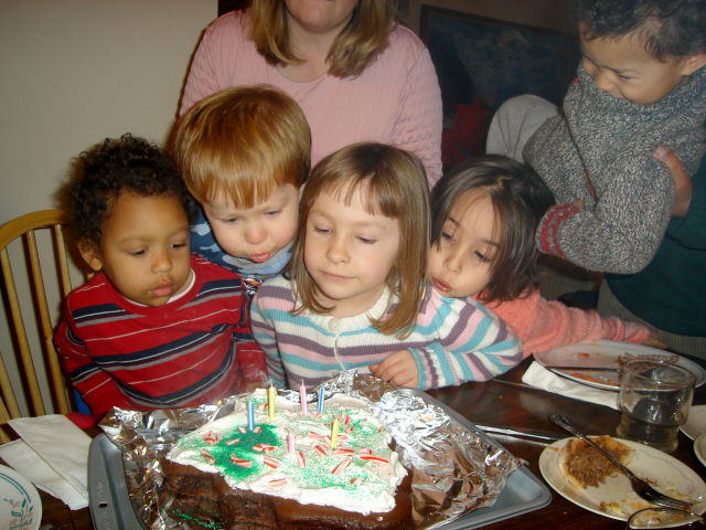 Joachim, Dylan, Cassie, Latifah and Tariq blowing out Greg's birthday candles, Fort Collins, Colorado, 2008