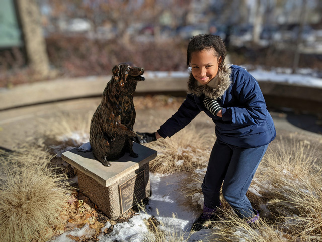 Irene with Annie the railroad dog, Fort Collins, Colorado, 2022