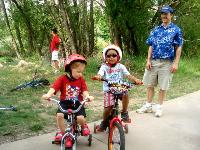 Joachim and Dylan on bikes along the Poudre River, Fort Collins, Colorado, 2009