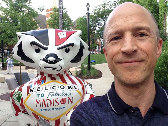 Greg with Bucky Badger, Madison, Wisconsin, 2019