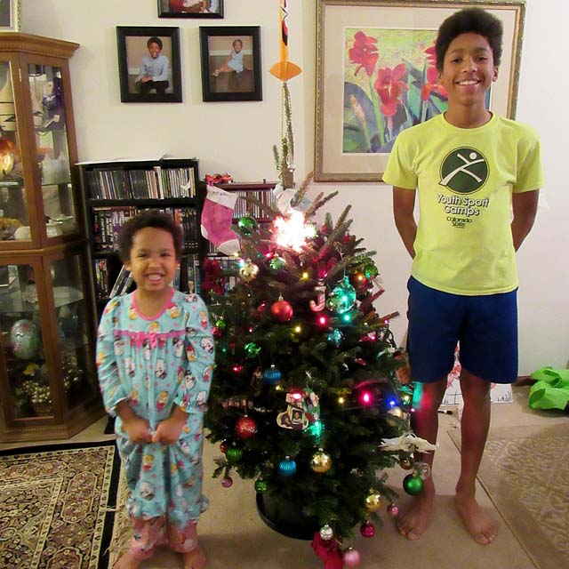 Irene and Joachim with Christmas tree, Fort Collins, Colorado, 2018