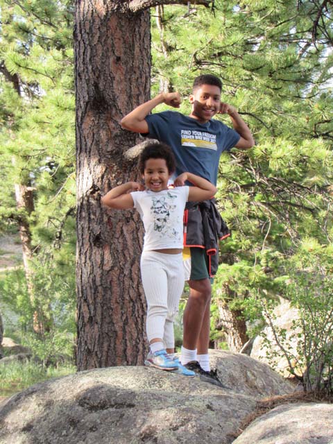 Irene and Joachim flexing, Dowdy Lake, Red Feather Lakes, Colorado, 2019