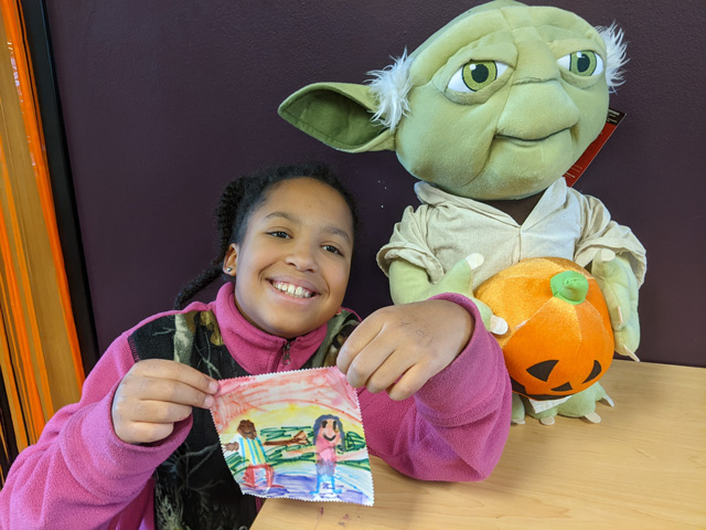 Irene with Yoda at the CSU Chemistry Spooktacular, Fort Collins, Colorado, 2022