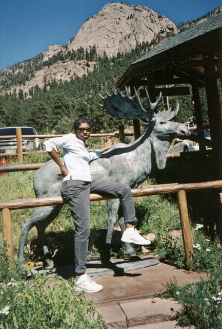 Joanitha with a moose, Rocky Mountain National Park, Colorado, 2004