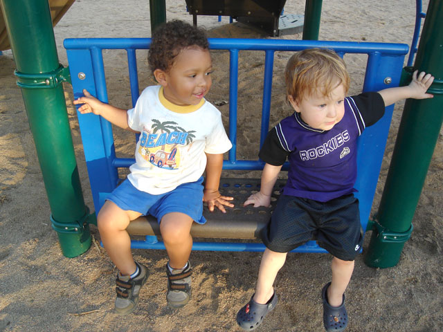 Joachim and Dylan on park bench, Fort Collins, Colorado, 2007