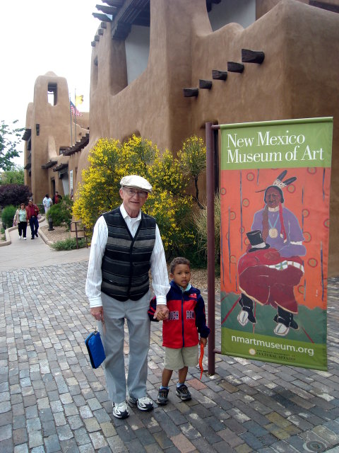 Joachim and grandpa by the art museum, Santa Fe, New Mexico, 2009