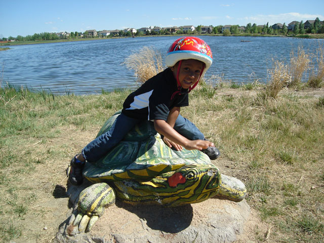 Joachim on a turtle, Fossil Creek Park, Fort Collins, Colorado, 2010