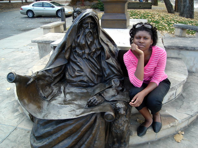 Joanitha with Invictus statue, Loveland, Colorado, 2008