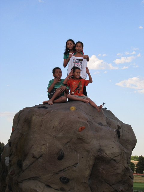 Joachim, Tariq, Latifah and friend on a rock, CSU Rec Center, Fort Collins, Colorado, 2011