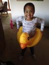 Irene with an inflatable duck, Fort Collins, Colorado, 2019